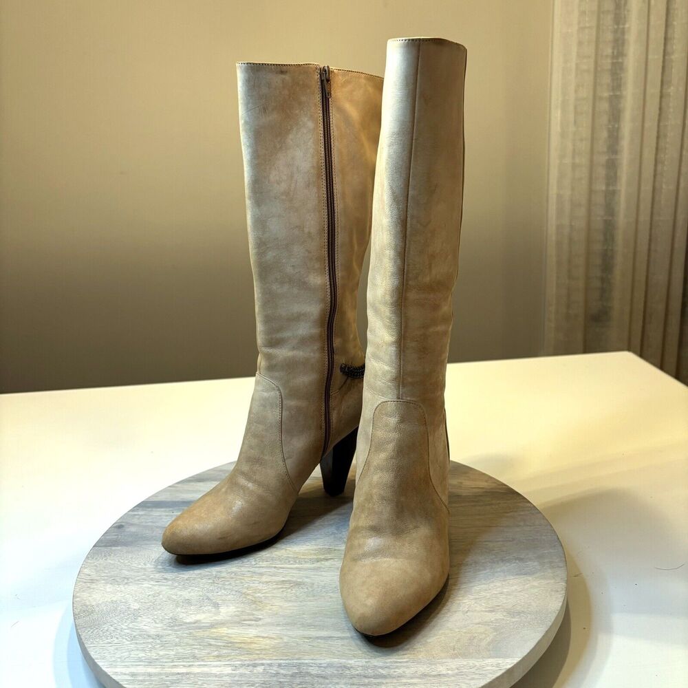 Caressa Women's Brown‎ Cream Leather Heeled Side Zip Boots US Size 6.5 M
